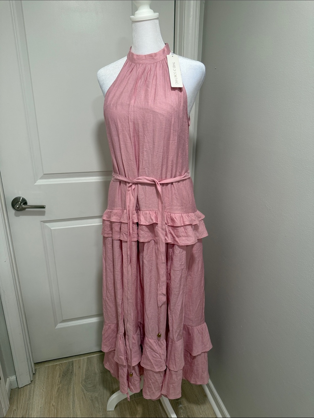 Sleeveless Blush Halter Ruffle Maxi Dress with Tie Waist